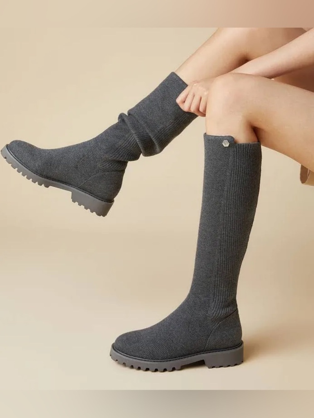 VIVAIA Filipa Gray Round-Toe Stretchy Wool Knee-High Boots Size EU 40/ US 9